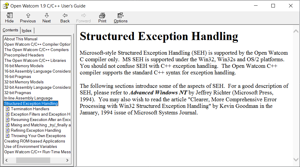 OpenWatcom manual, structured exception handling.